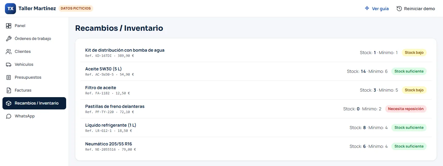 Recambios e inventario en Tallerix con existencias y mínimos