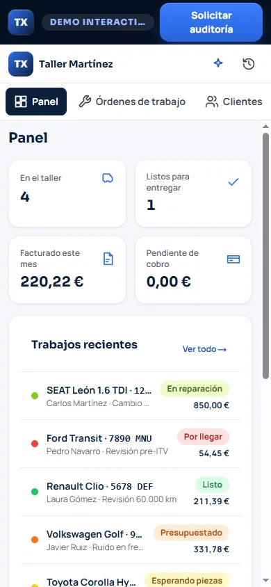 Panel de Tallerix en un móvil