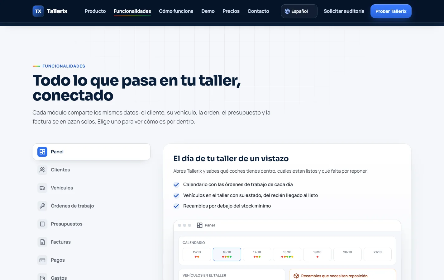 Sección de funcionalidades de la web de Tallerix