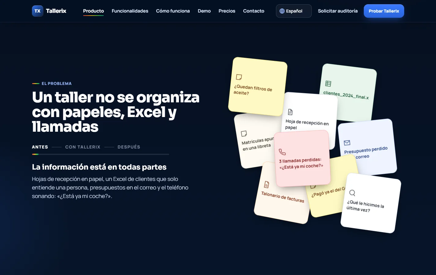 Sección de la web de Tallerix que presenta el problema de un taller