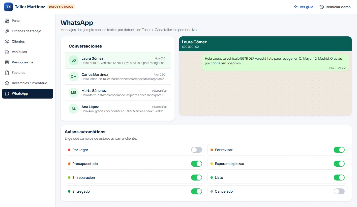 Conversaciones y avisos automáticos de WhatsApp en Tallerix