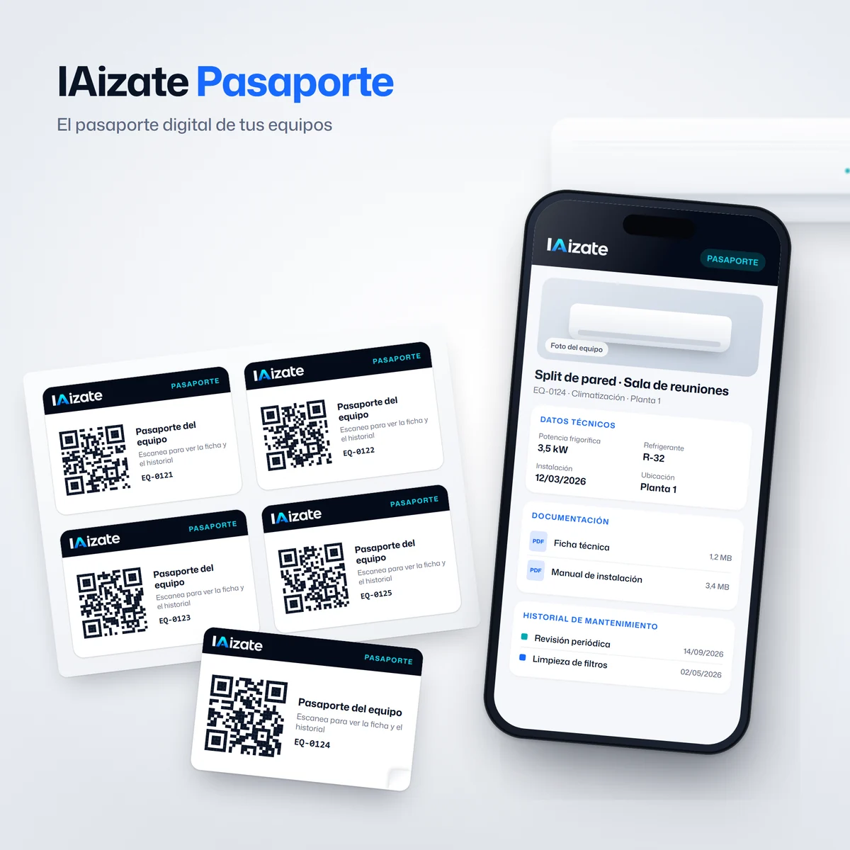 IAizate Pasaporte: etiquetas adhesivas con código QR y ficha digital de un equipo de climatización en un smartphone
